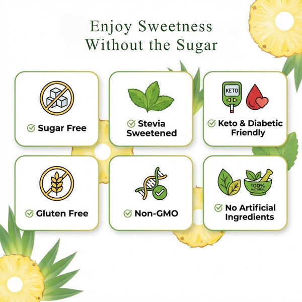 Product features highlighting sugar-free, stevia-sweetened, keto-friendly, gluten-free, non-GMO, and no artificial ingredients with pineapple slices.