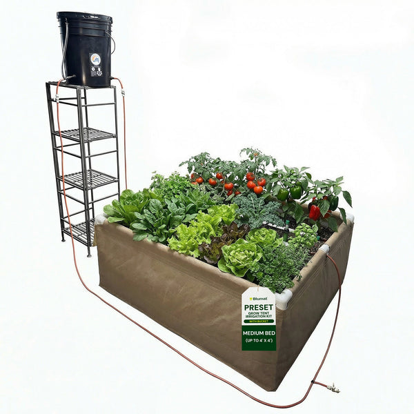 Raised garden bed with plants, black bucket, and metal stand on a white background