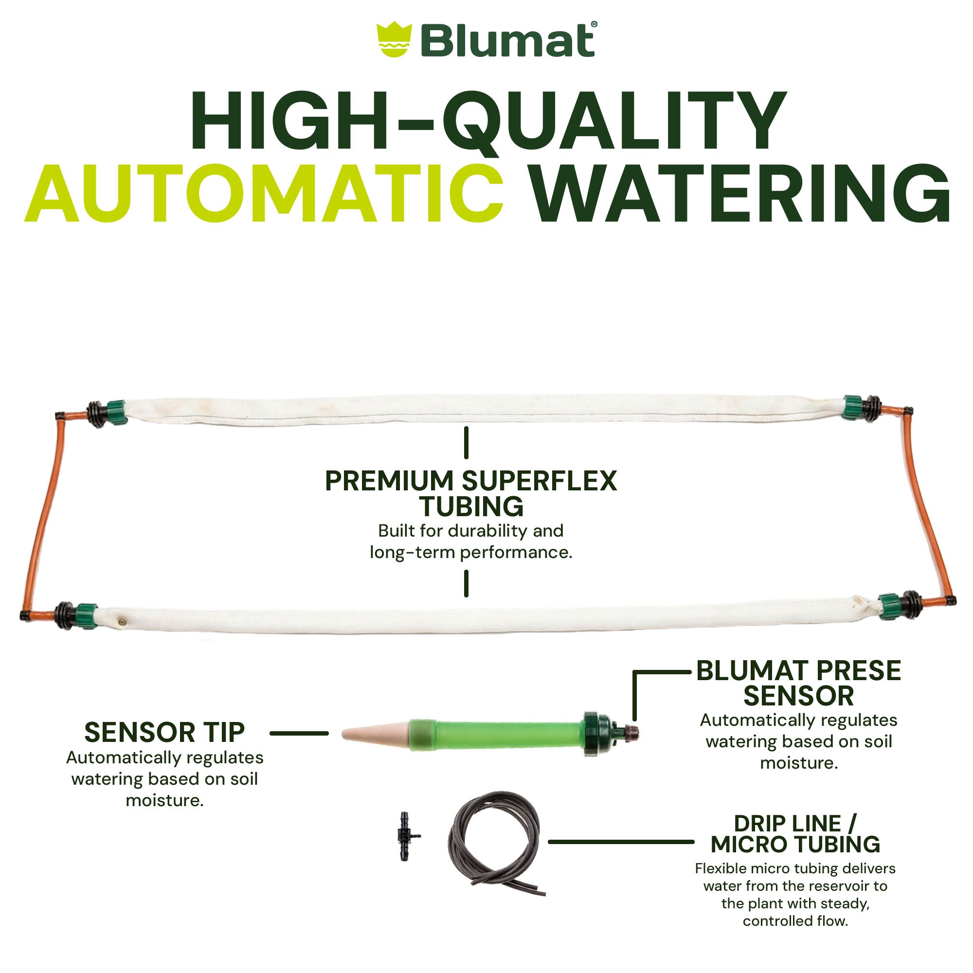 Blumat high-quality automatic watering system with labeled components on a white background