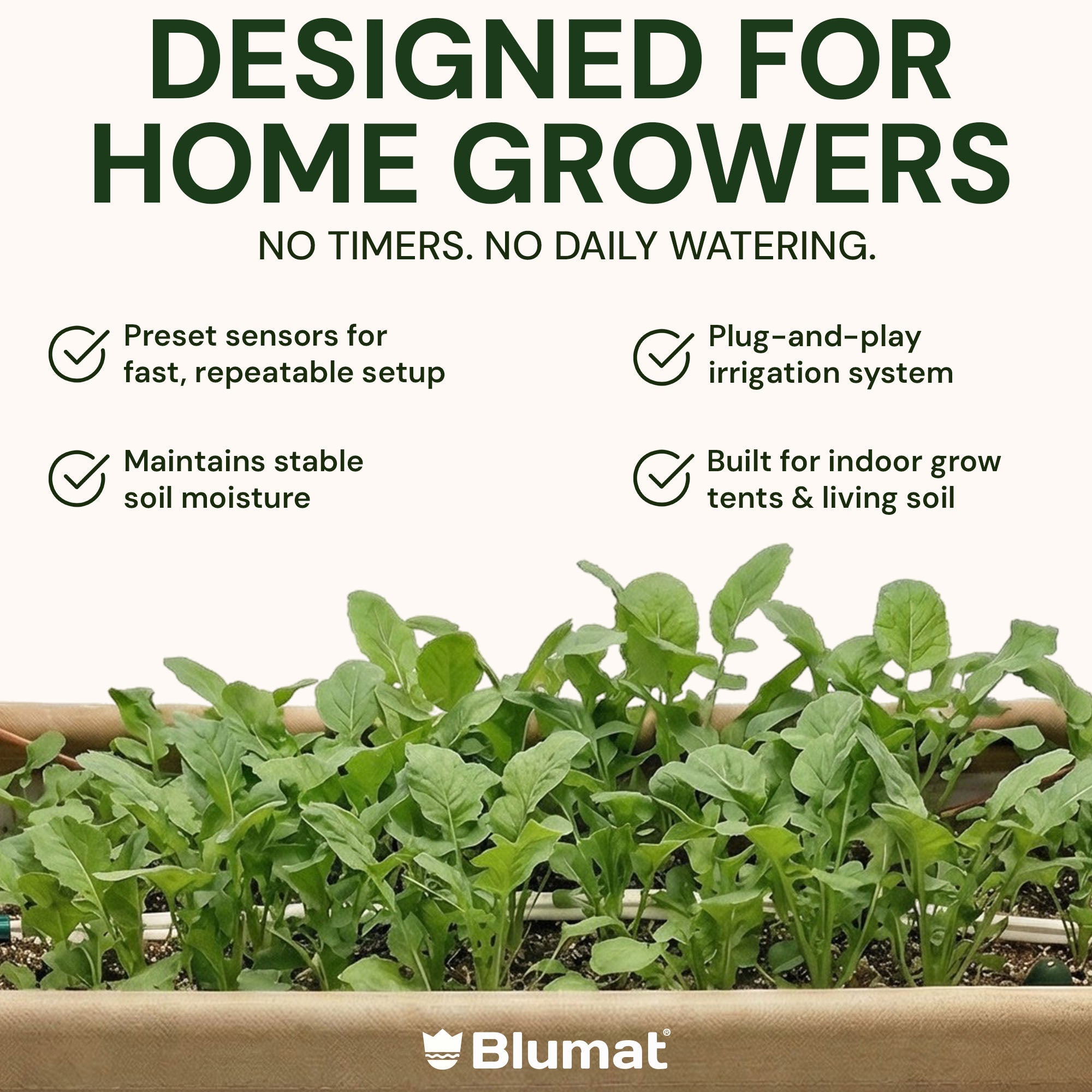 Blumat product with text about home gardening and features, featuring a close-up of plants.