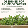 Blumat product with text about home gardening and features, featuring a close-up of plants.