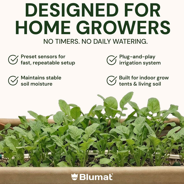 Blumat product with text about home gardening and features, featuring a close-up of plants.