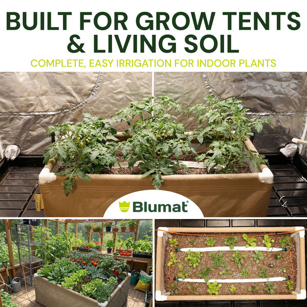 Blumat irrigation system for indoor plants with text 'Built for Grow Tents & Living Soil' and 'Complete, Easy Irrigation for Indoor Plants'.