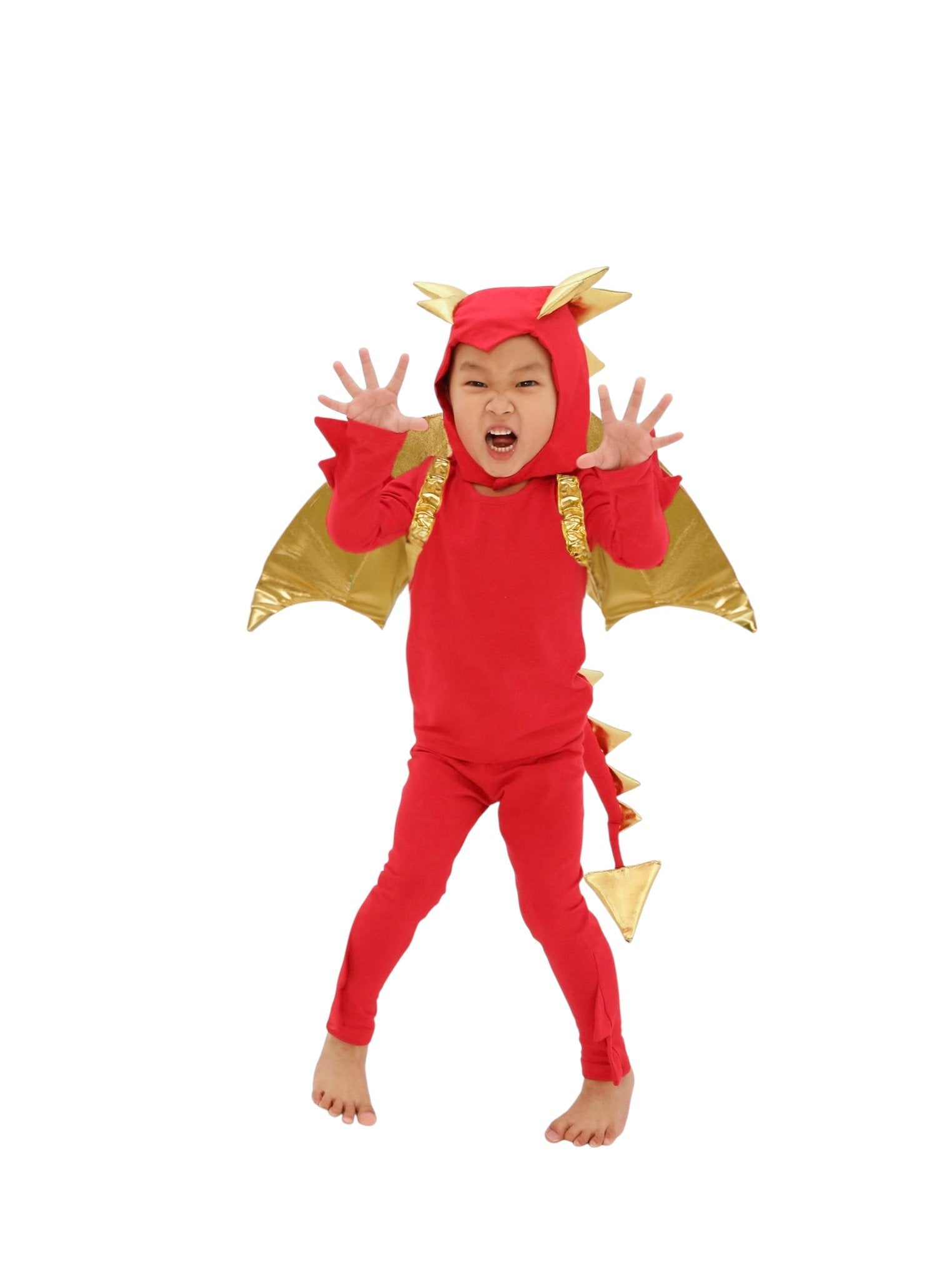 Child wearing a red dragon costume with gold accents on a white background