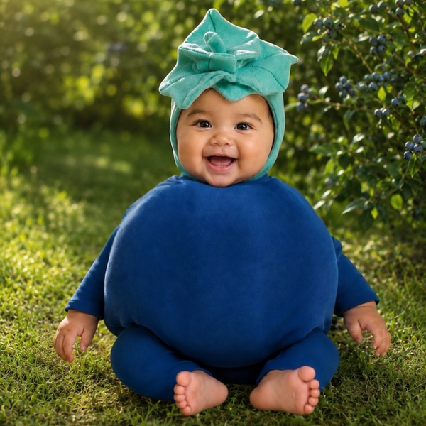 Baby Blueberry Costume laid flat showing cotton top, pants, and soft fleece leaf hat