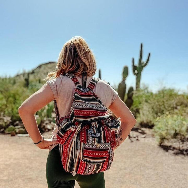 Close-up view of the Recycled Travel Backpack Delhi showing burlap texture and pattern