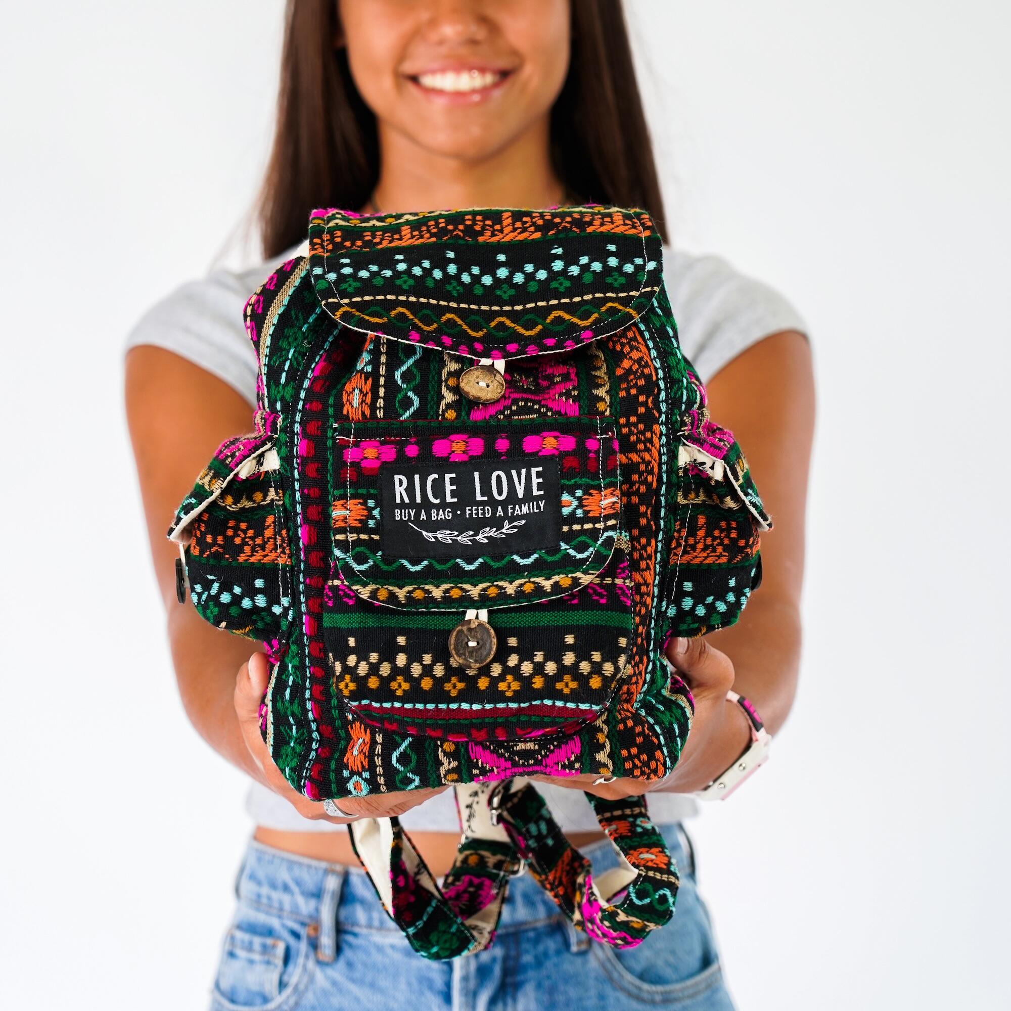Mini Recycled Travel Backpack Dana made from upcycled burlap rice bags