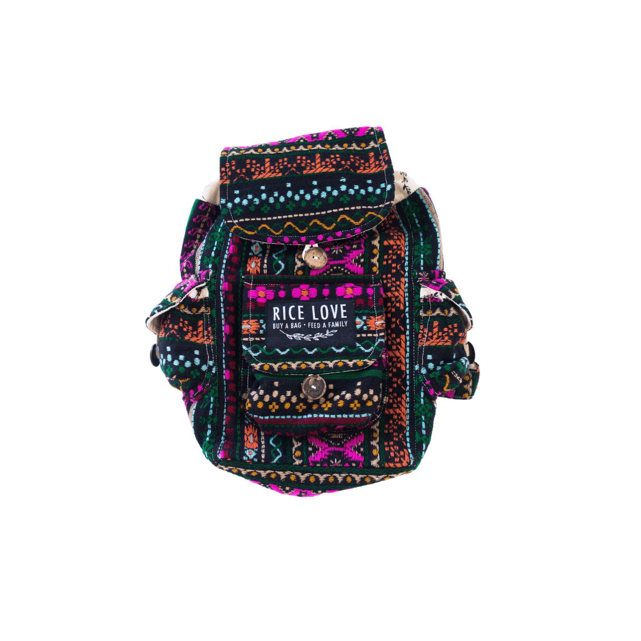 Close-up view of the Mini Recycled Travel Backpack Dana showing burlap texture and pattern variation