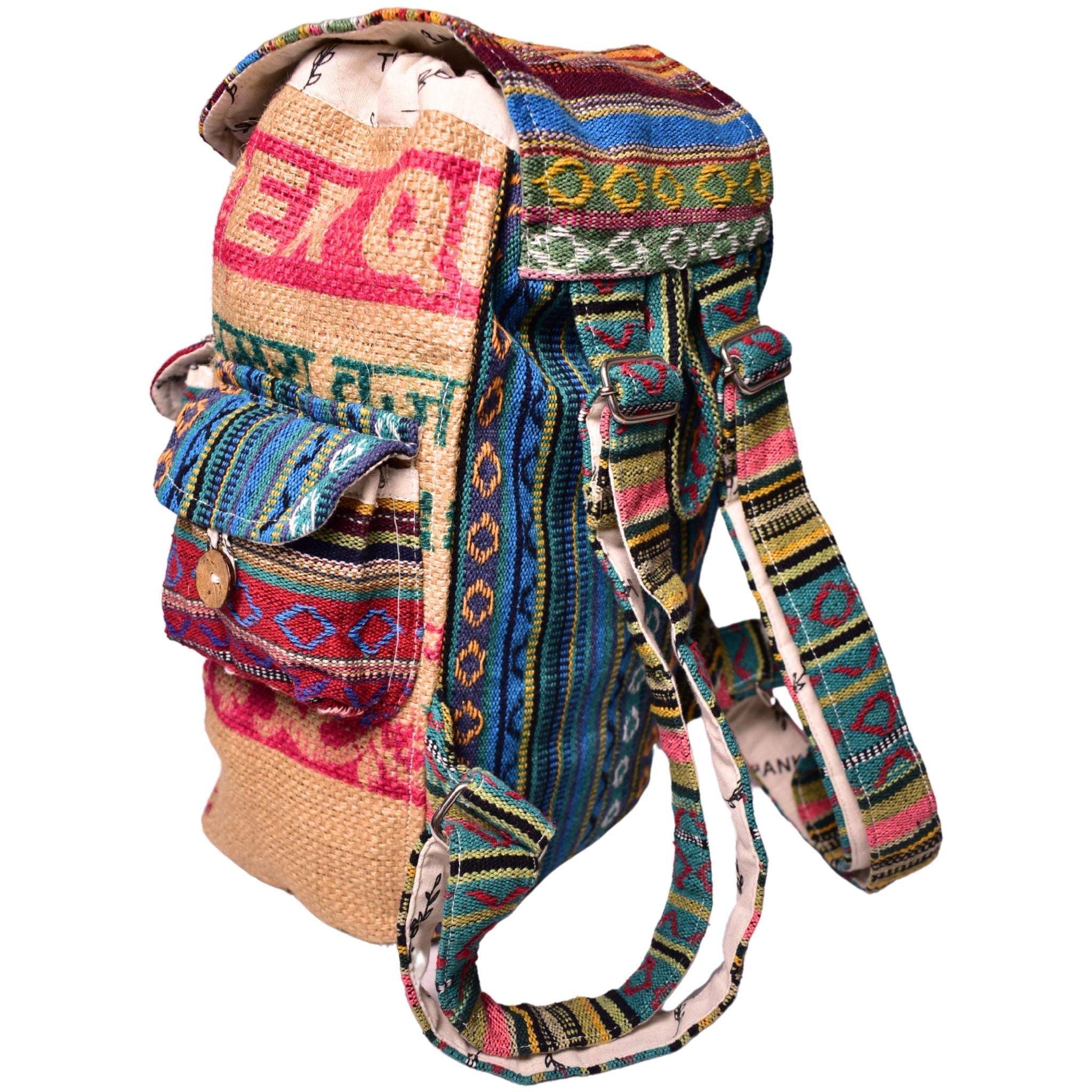 Close-up detail of recycled burlap fabric on the Mini Recycled Travel Backpack Agra
