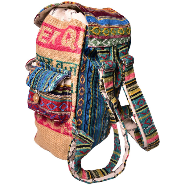 Close-up detail of recycled burlap fabric on the Mini Recycled Travel Backpack Agra
