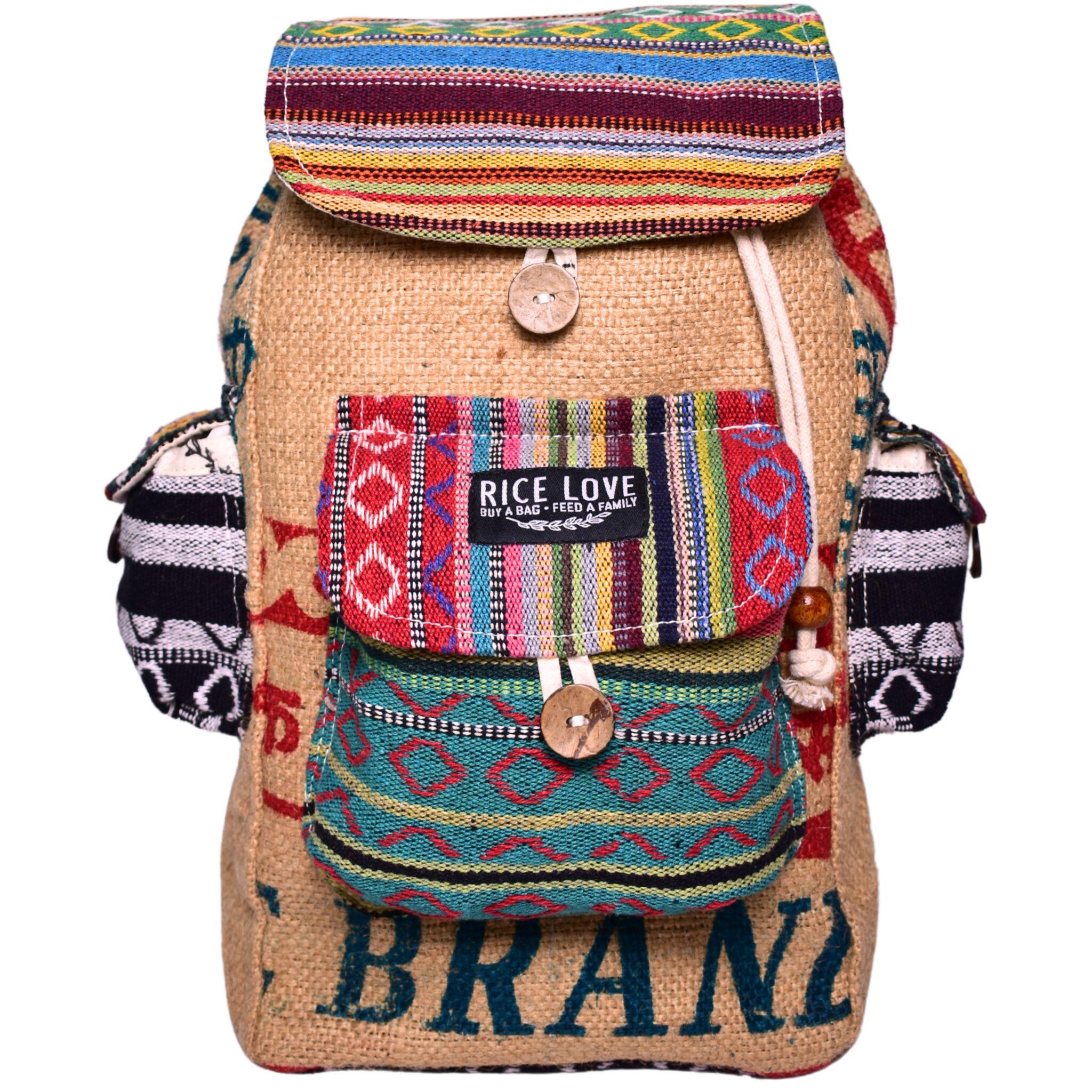 Mini Recycled Travel Backpack Agra Special made from upcycled burlap rice bags with black pocket detail