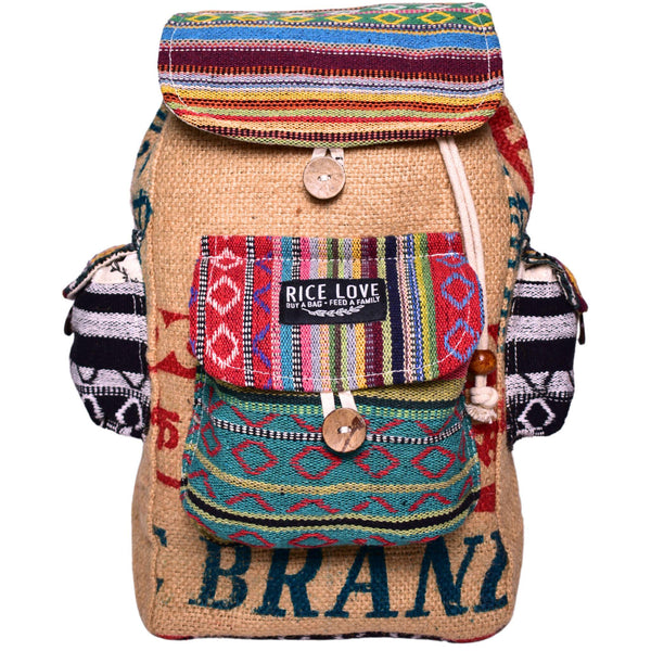 Mini Recycled Travel Backpack Agra Special made from upcycled burlap rice bags with black pocket detail