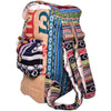 Close-up of the recycled burlap fabric and black pocket on the Agra Special mini backpack