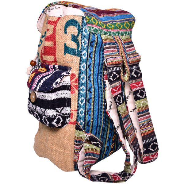 Close-up of the recycled burlap fabric and black pocket on the Agra Special mini backpack