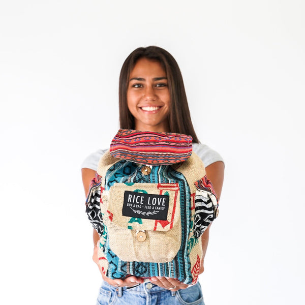 Mini Recycled Travel Backpack Chennai made from upcycled burlap rice bags