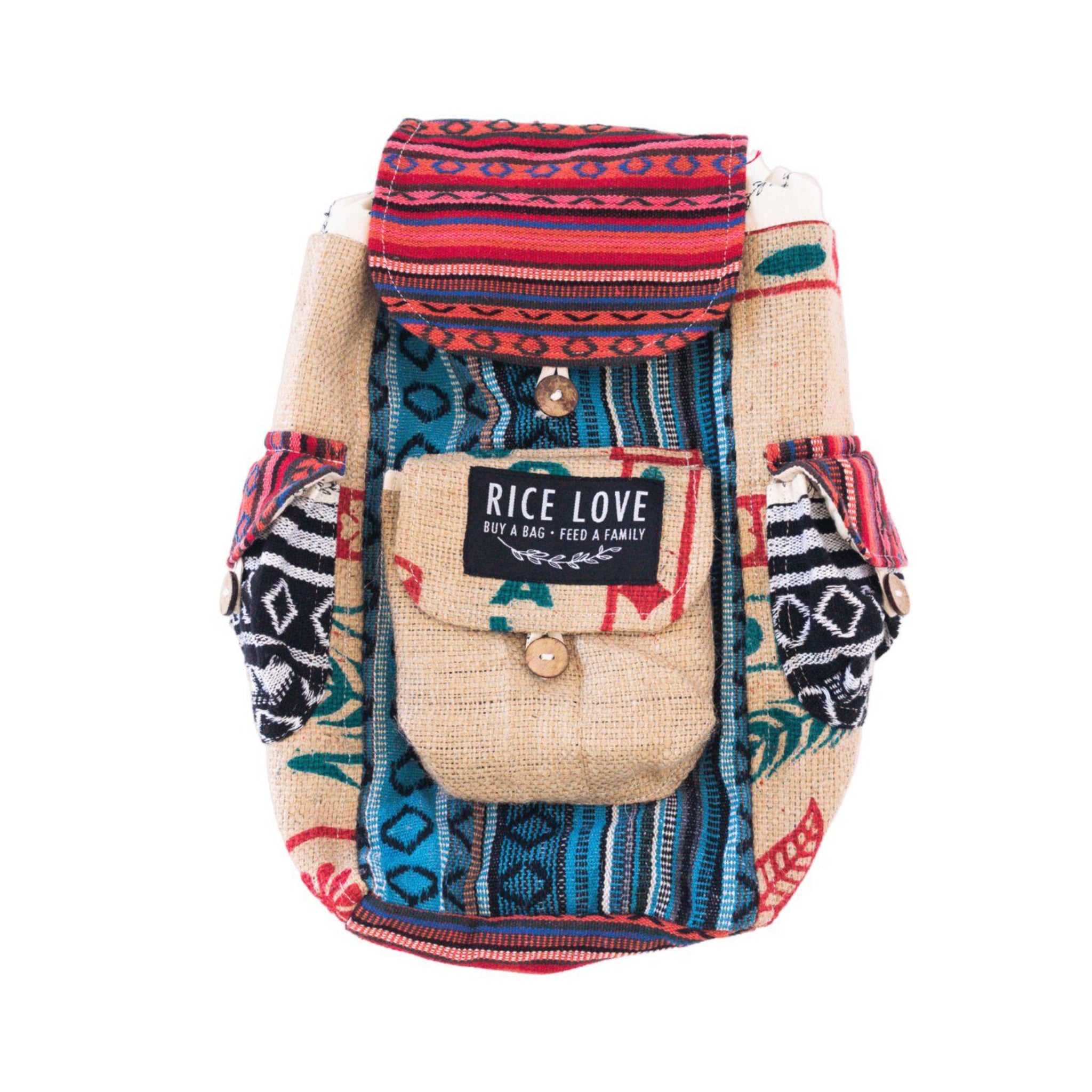 Close-up of recycled burlap fabric on the Mini Recycled Travel Backpack Chennai