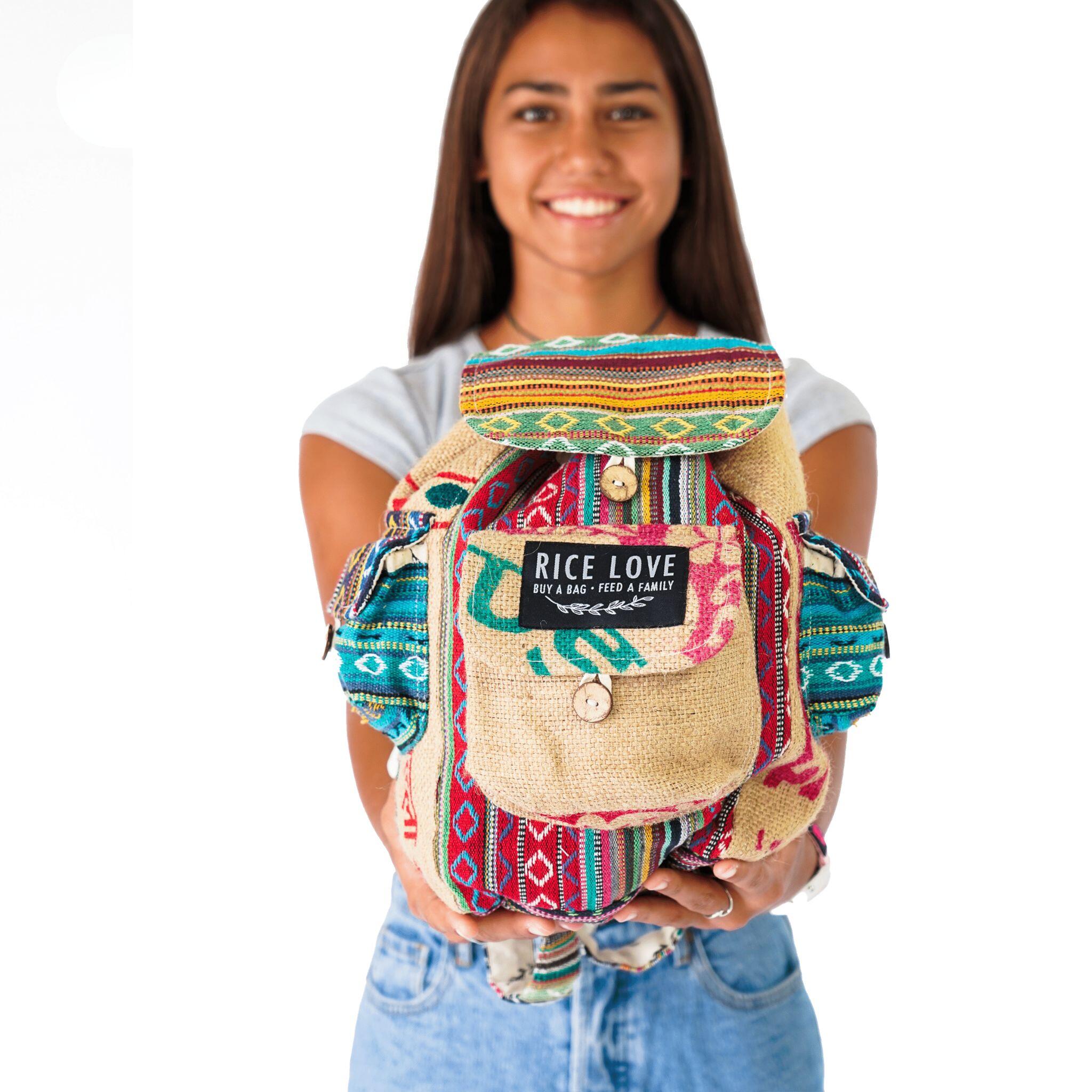 Mini Recycled Travel Backpack Jaipur made from upcycled burlap rice bags