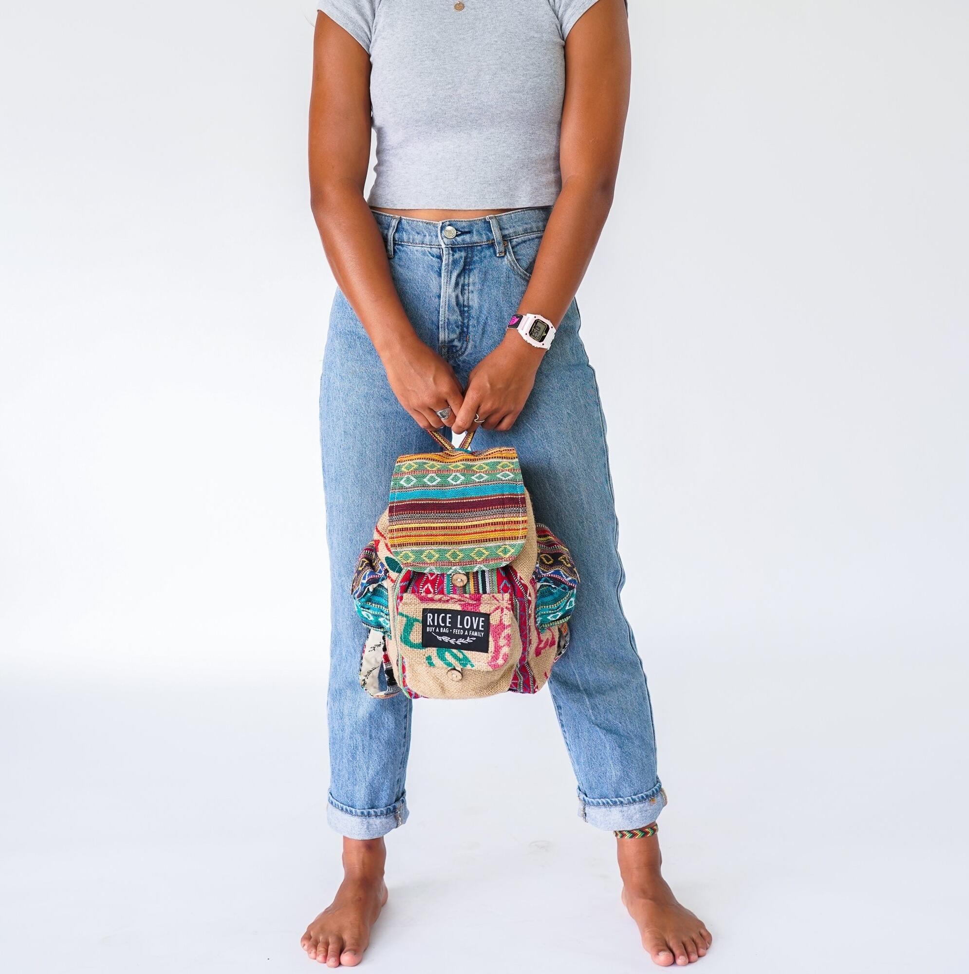 Interior and straps of the Mini Recycled Travel Backpack Jaipur
