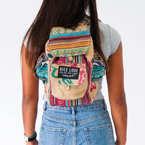 Mini Recycled Travel Backpack Jaipur, a one-of-a-kind bag made from recycled Indian rice bags
