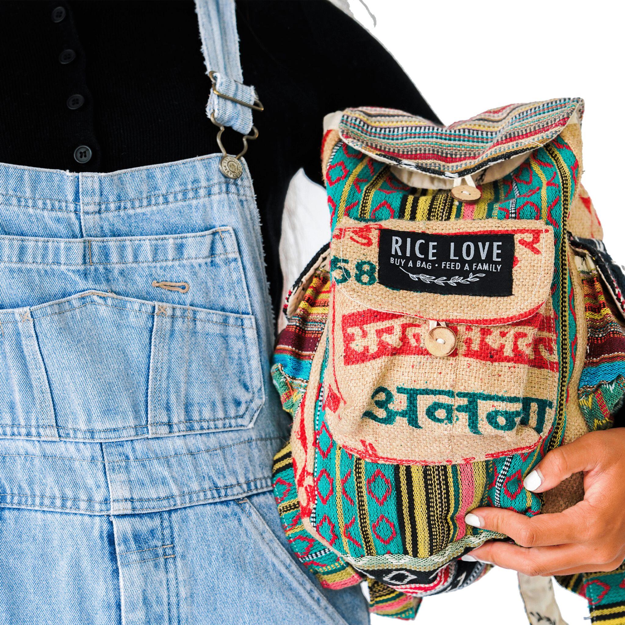 Mini Recycled Travel Backpack Kochi made from upcycled burlap rice bags, front view