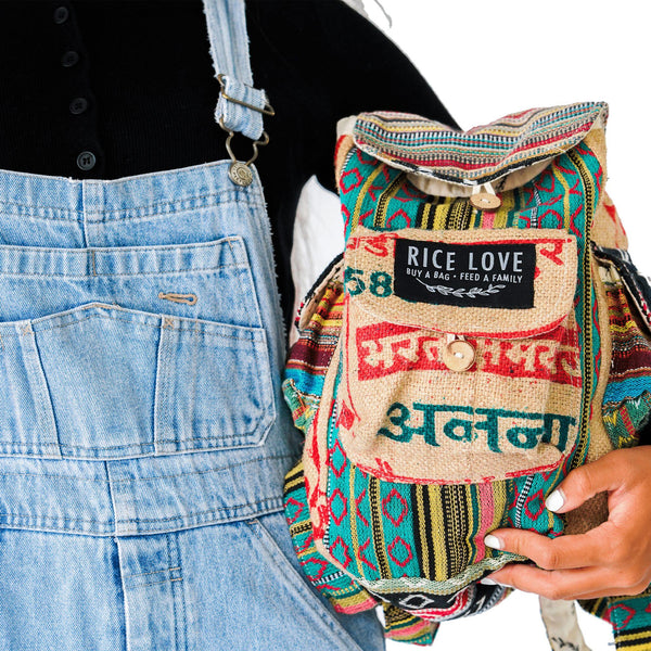 Mini Recycled Travel Backpack Kochi made from upcycled burlap rice bags, front view