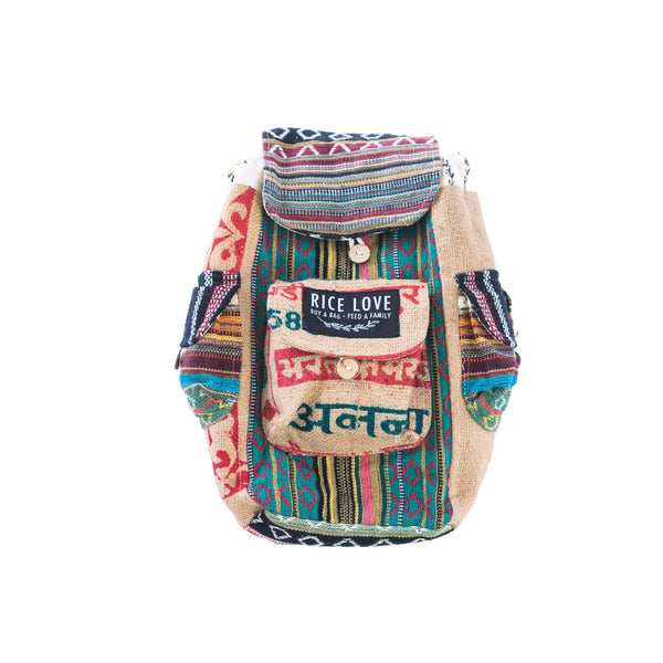 Mini Recycled Travel Backpack Kochi showing recycled burlap texture and stitching detail