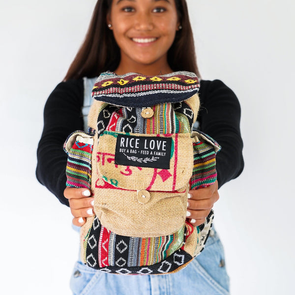 Mini Recycled Travel Backpack Mumbai made from upcycled burlap rice bags