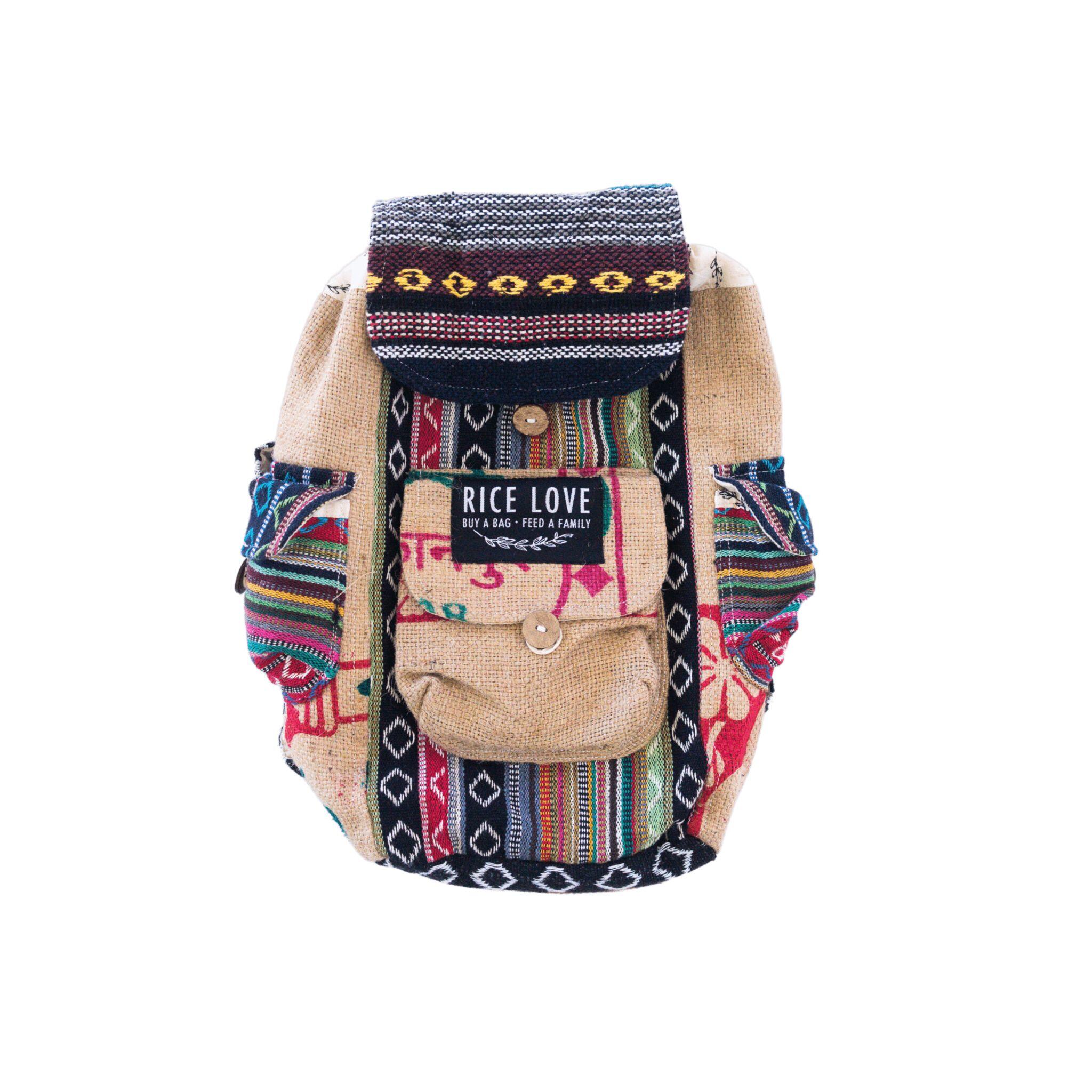 Close-up view of the Mini Recycled Travel Backpack Mumbai showing recycled burlap texture