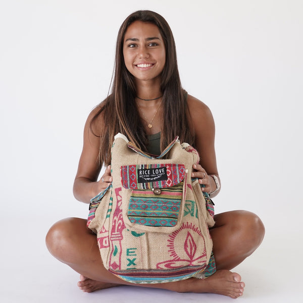 Recycled Travel Backpack Agra made from upcycled burlap rice bags