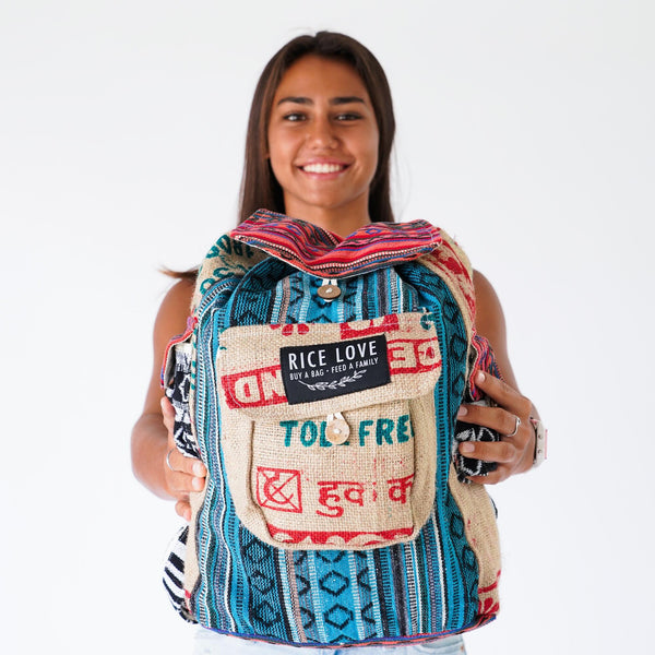 Recycled Travel Backpack Chennai made from upcycled burlap rice bags