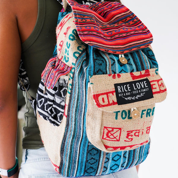 Close-up view of the Recycled Travel Backpack Chennai showing burlap texture
