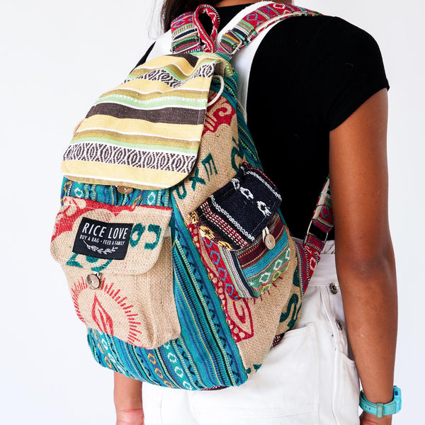 Recycled Travel Backpack Goa showing burlap texture and design details