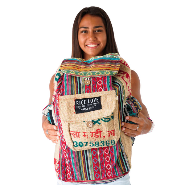 Recycled Travel Backpack Jaipur made from upcycled burlap rice bags