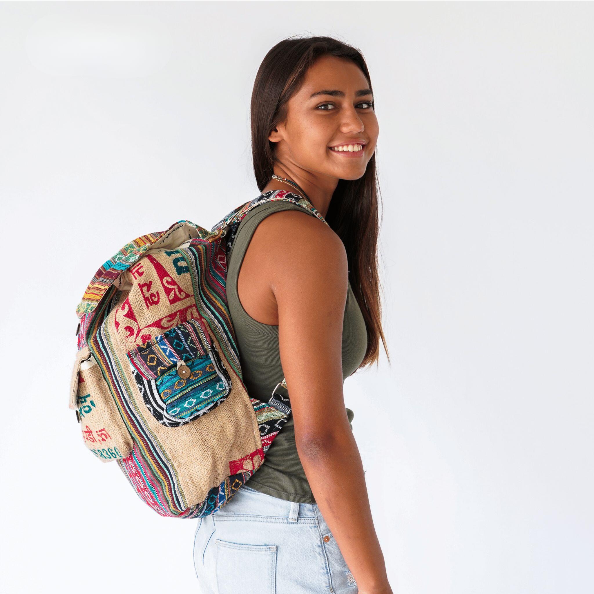 Recycled Travel Backpack Jaipur showing one-of-a-kind burlap pattern