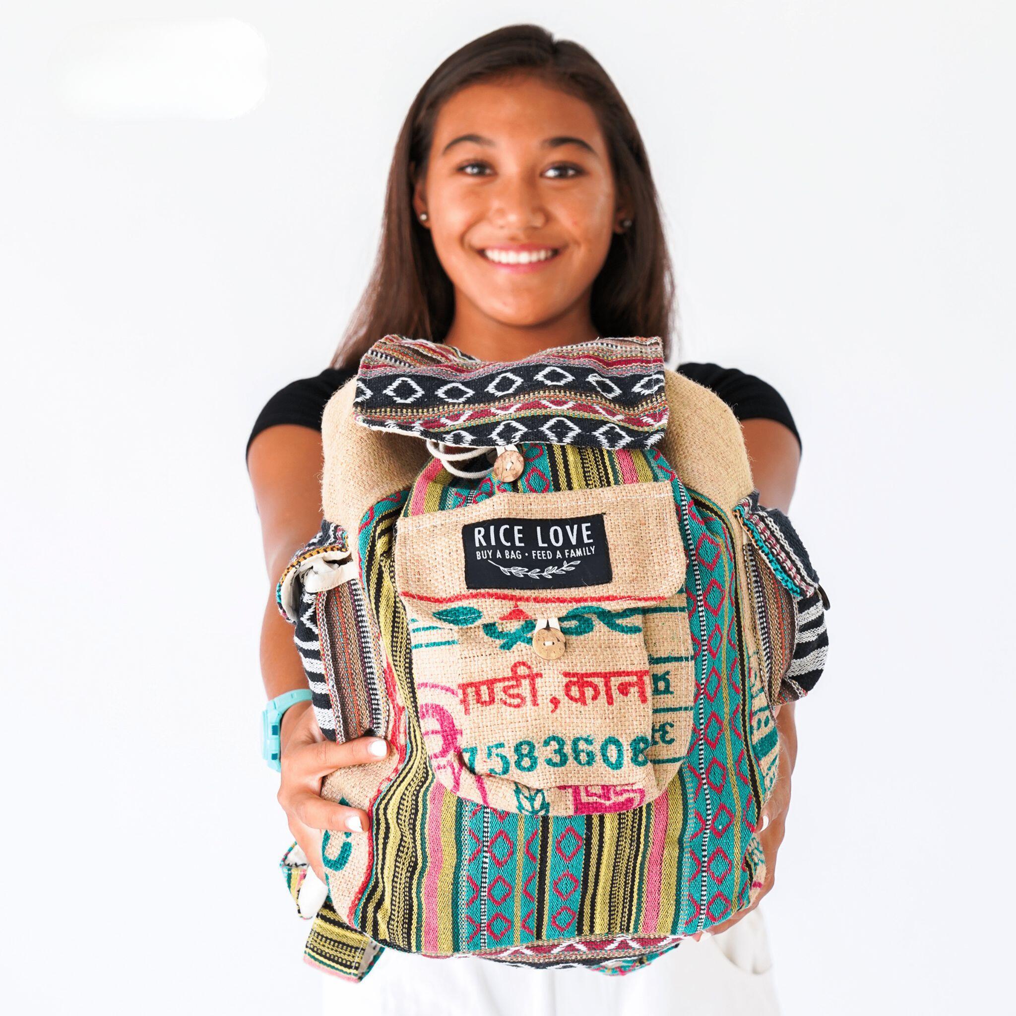 Recycled Travel Backpack Kochi made from upcycled burlap rice bags