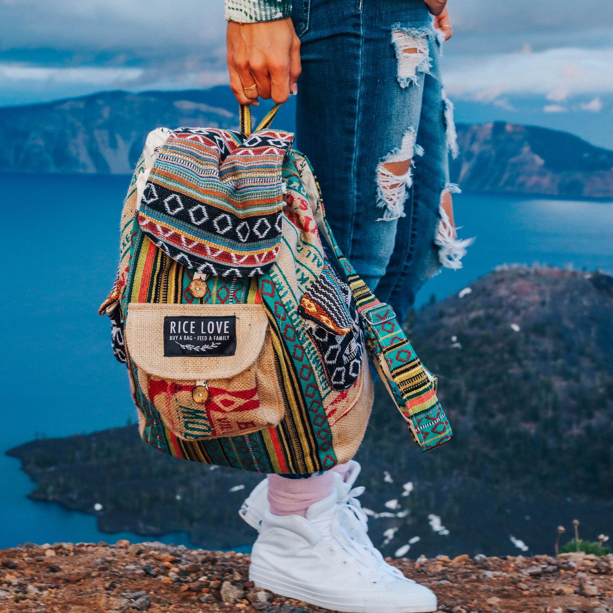 Recycled Travel Backpack Kochi showing the natural jute and burlap texture