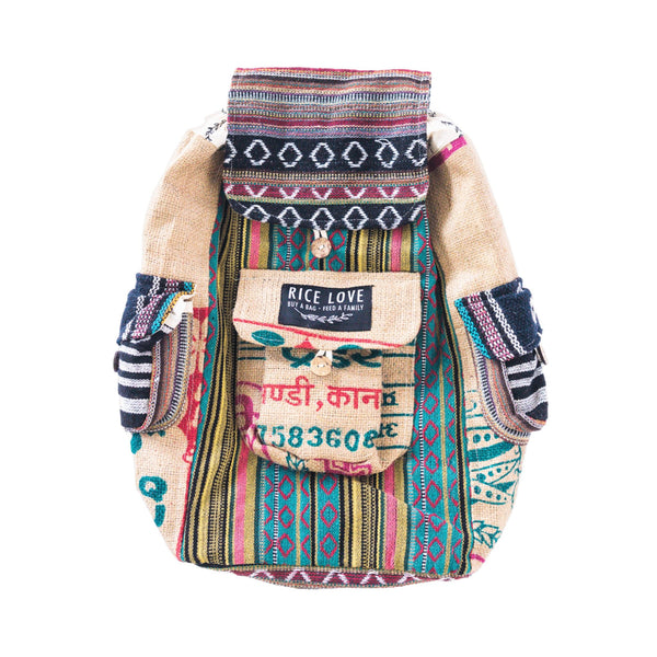 Recycled Travel Backpack Kochi - Upcycled Rice Bag Burlap