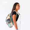 Close-up of the one-of-a-kind burlap pattern on the Recycled Travel Backpack Kochi