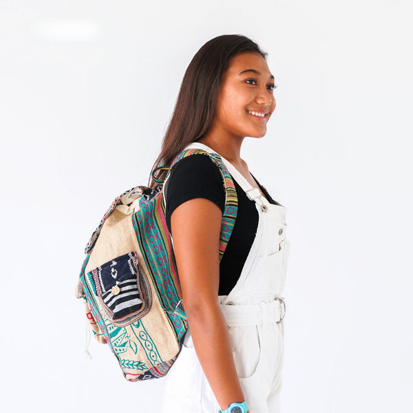 Close-up of the one-of-a-kind burlap pattern on the Recycled Travel Backpack Kochi