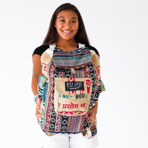 Recycled Travel Backpack Mumbai made from upcycled burlap rice bags