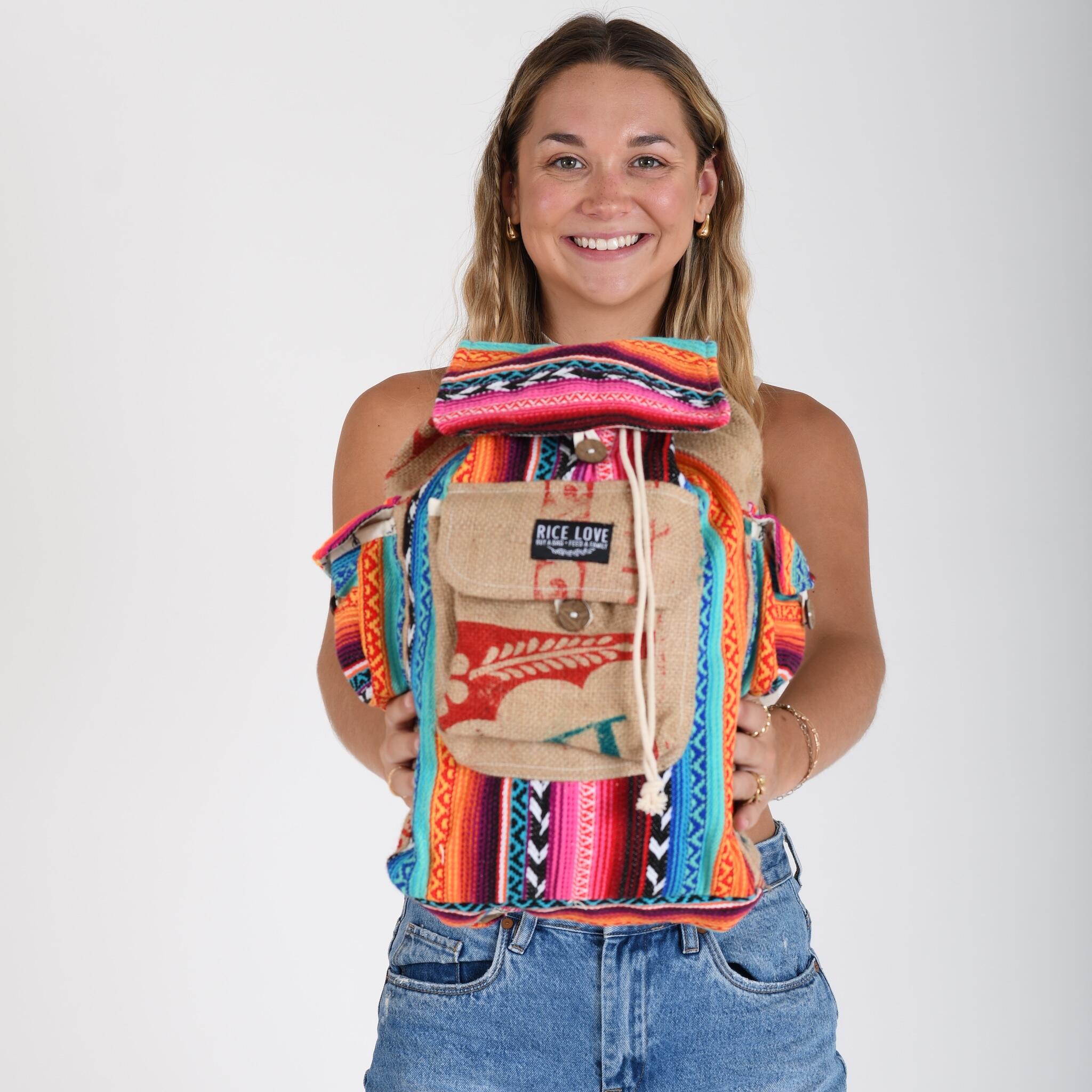 Ravi Recycled Travel Backpack made from upcycled burlap rice bags