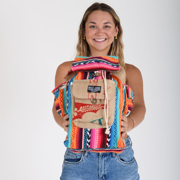 Ravi Recycled Travel Backpack made from upcycled burlap rice bags