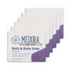 Five bars of Mejora Cleaning Products Bath & Body Soap arranged in a staggered row on a white background. The soap bars are white with a purple corner design and purple side panels.