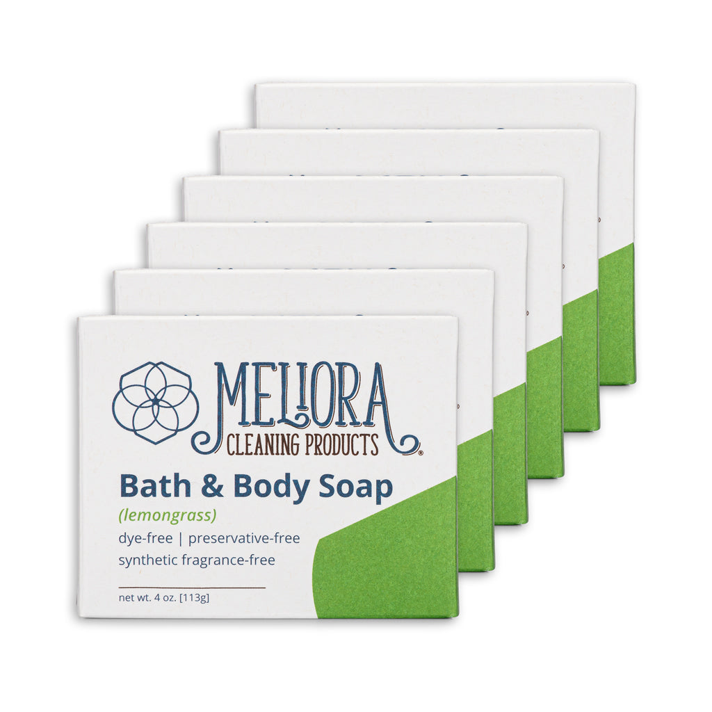 Five bars of Meliora Cleaning Products Bath & Body Soap arranged in a staggered fan layout on a plain white background.