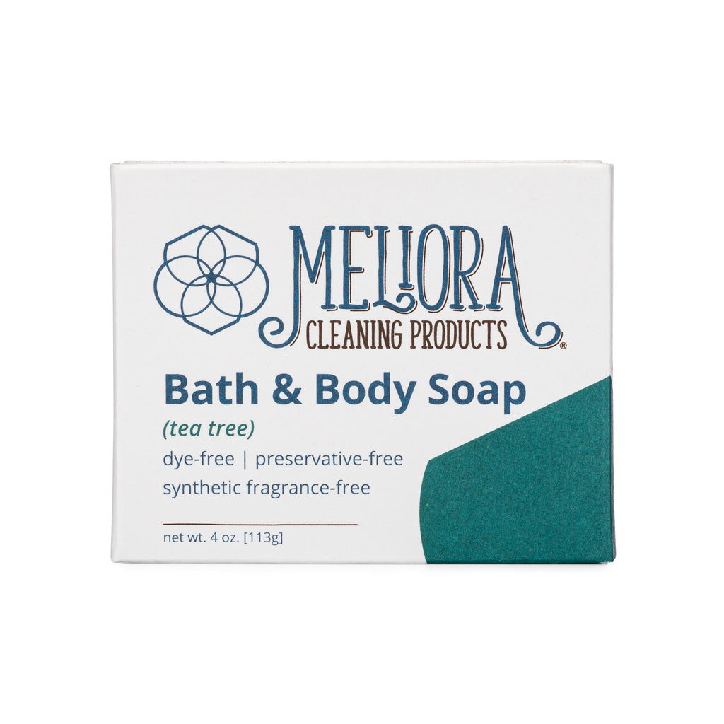 Meliora Bath & Body Soap packaging with a teal bar of soap on a white background