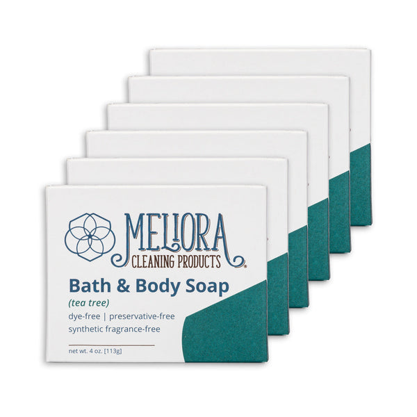 Five bars of Meliora Cleaning Products Bath & Body Soap arranged in a fan shape on a white background.