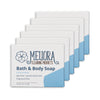 Five bars of Meliora Cleaning Products Bath & Body Soap arranged in a staggered row on a white background. The soap bars are white with a light blue lower section and a blue brand logo.