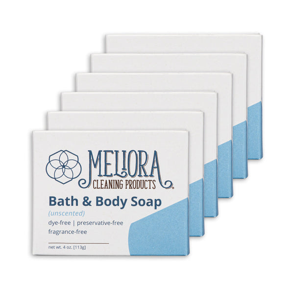 Five bars of Meliora Cleaning Products Bath & Body Soap arranged in a staggered row on a white background. The soap bars are white with a light blue lower section and a blue brand logo.