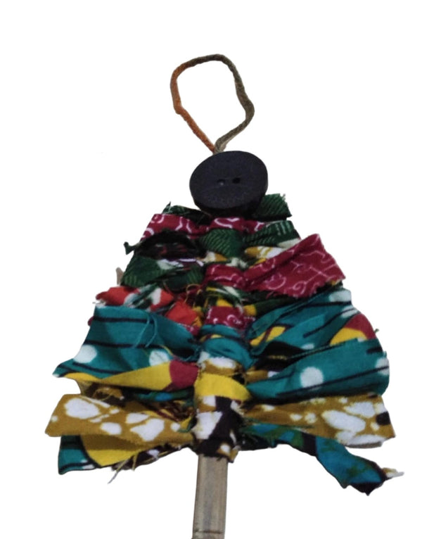 Close-up of Ankara Holiday Tree Ornament showing button detail and fabric pattern
