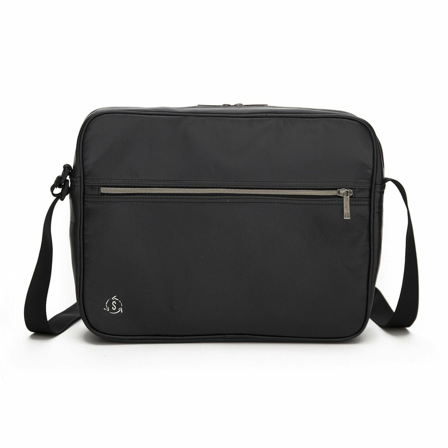 Groovy Messenger Bag in black with front zip pocket and back magnetic-clip pocket